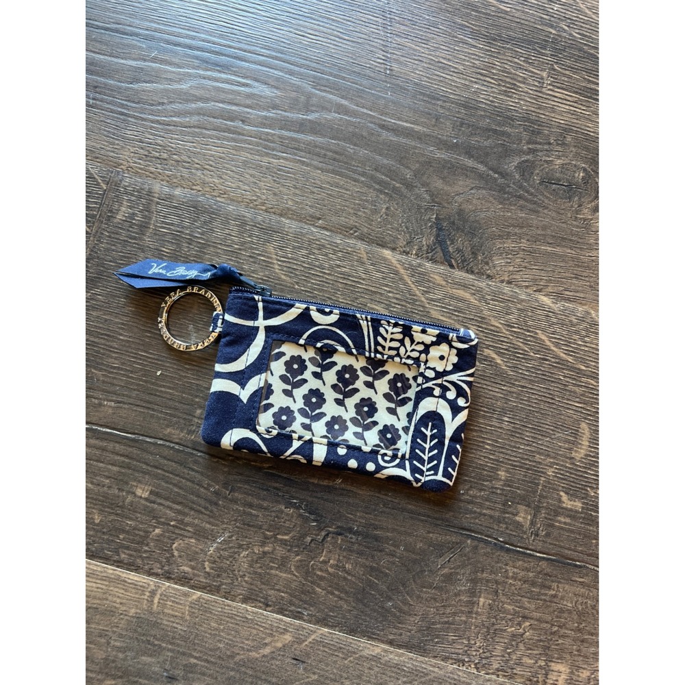 Vera Bradley ID Case Wallet Navy Blue White Floral Medallion Key Ring Zip Pouch‎